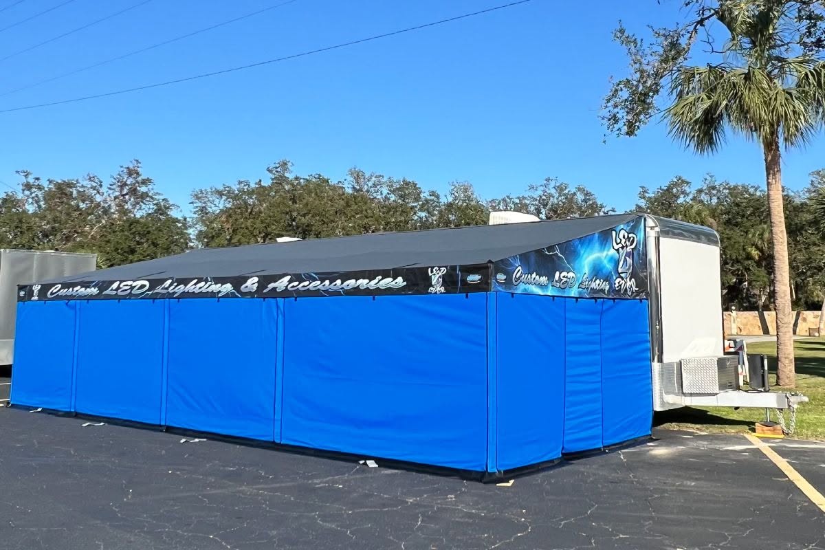 Custom LED Lighting and Accessories trailer awning with blue side walls