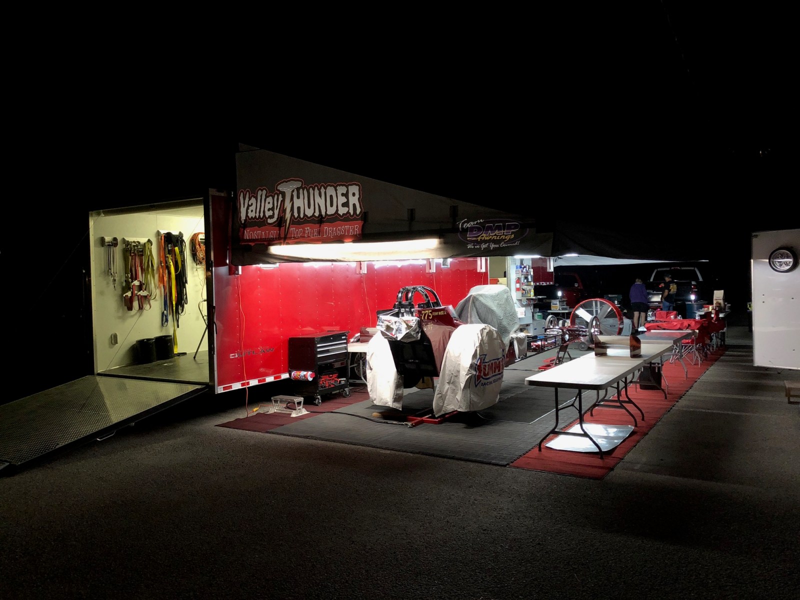 Race trailer awning installed on a customer rig