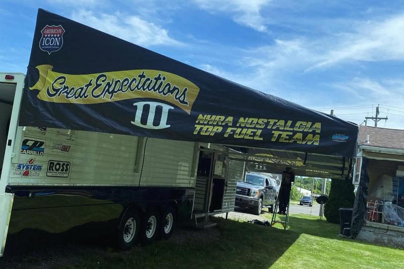 Great Expectations NHRA Nostalgia Top Fuel team race trailer awning