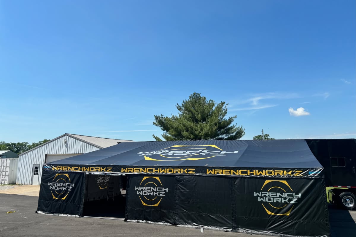 WrenchWorkz custom race trailer awning with full-color printed graphics by DMP Awnings